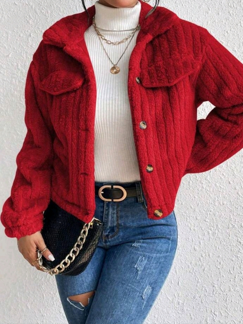 Red Plush Button-Front Jacket - Picture 2 of 6